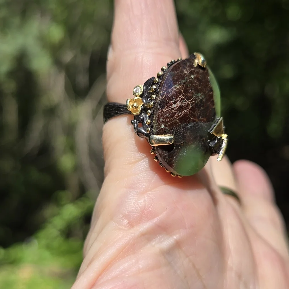Chrysoprase 30k HUGE & Topaz sterling & gold ring sz7 - Picture 5 of 10